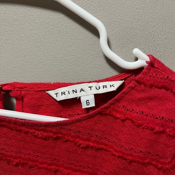 Trina Turk Women’s Ain’t Misbehaving Fringe Red Dress Boat Neck 3/4 Sleeve 6 - Picture 3 of 7